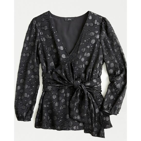 J. Crew Tie-waist V-neck top in metallic dot jacquard black medium - Picture 1 of 6